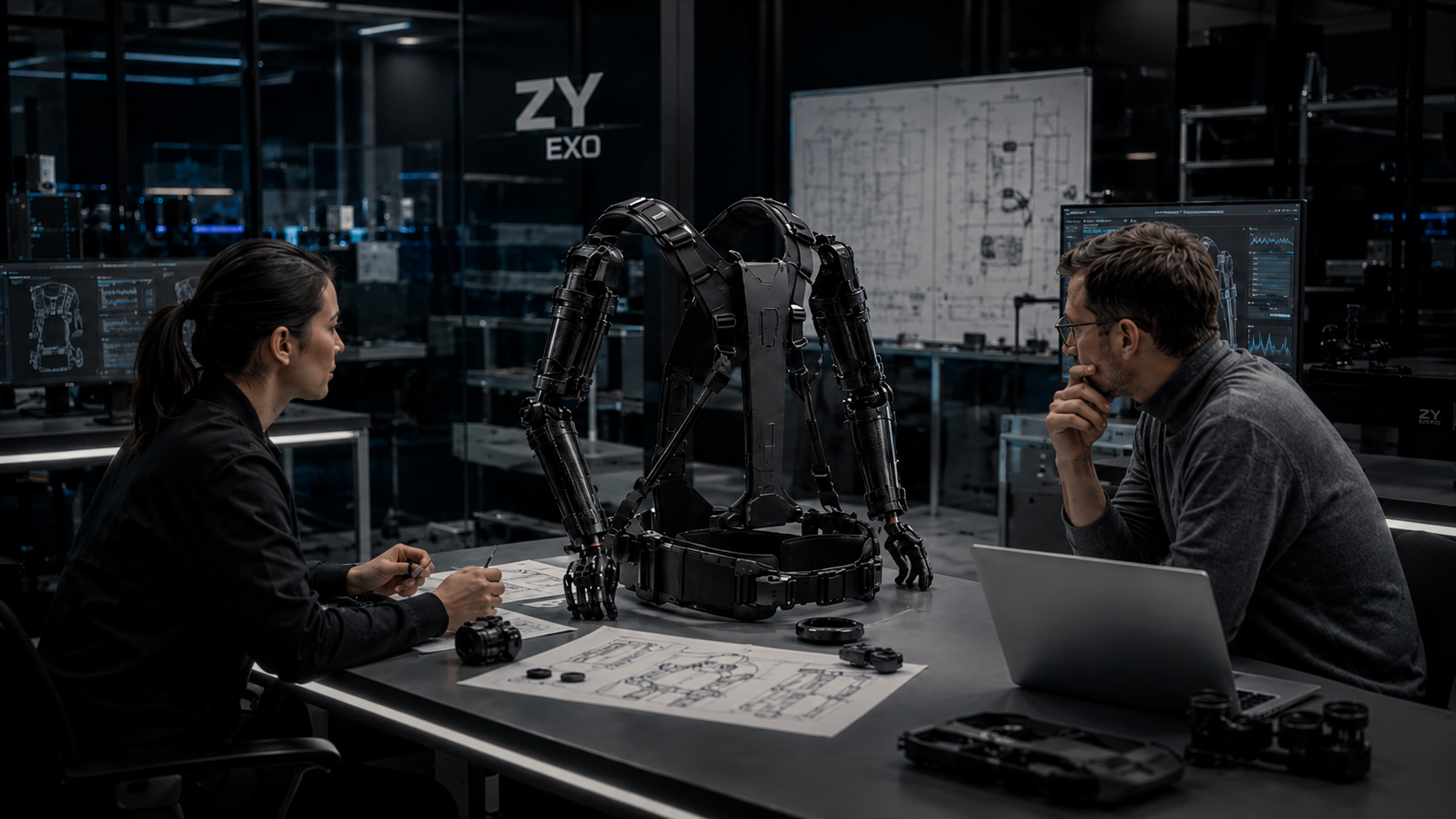 ZYEXO engineering team reviewing an exoskeleton prototype